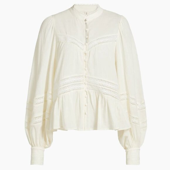 NWT Kivari | "Tana" Cotton Button Front Crochet Detail Blouse in Cream | Size 2* - Picture 5 of 14